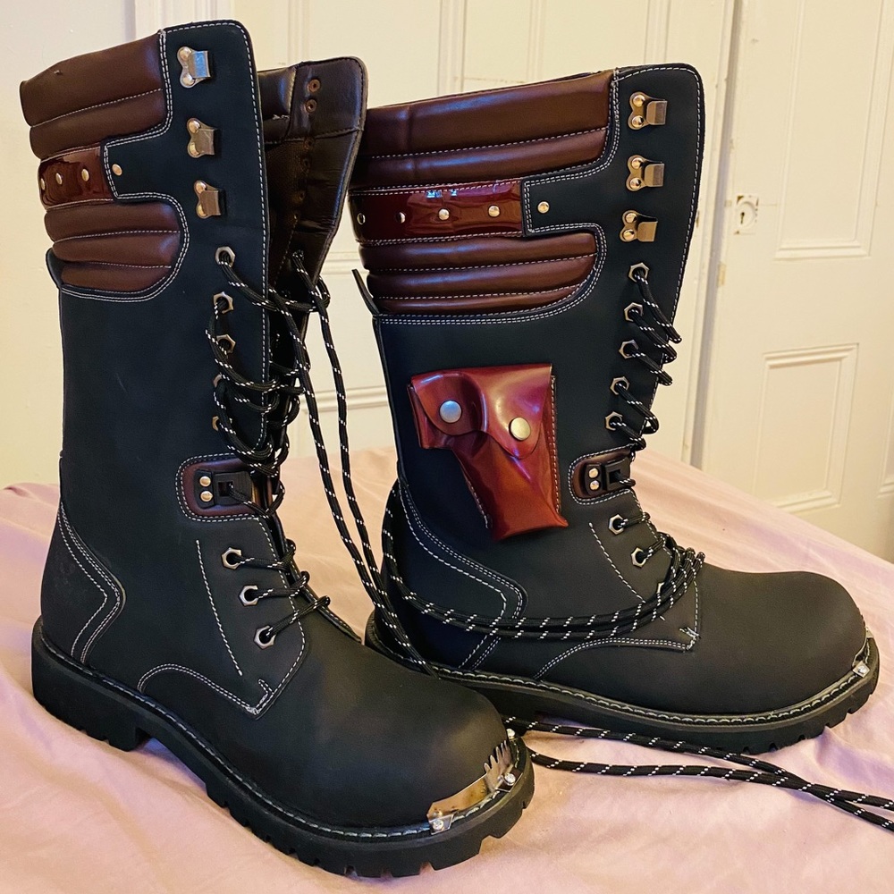 Motorcycle style black and burgundy men’s winter boots